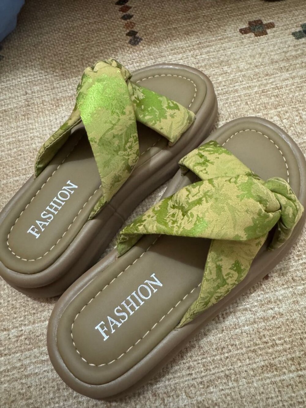 Green Floral Fabric Strap Slide Sandals - Size 230